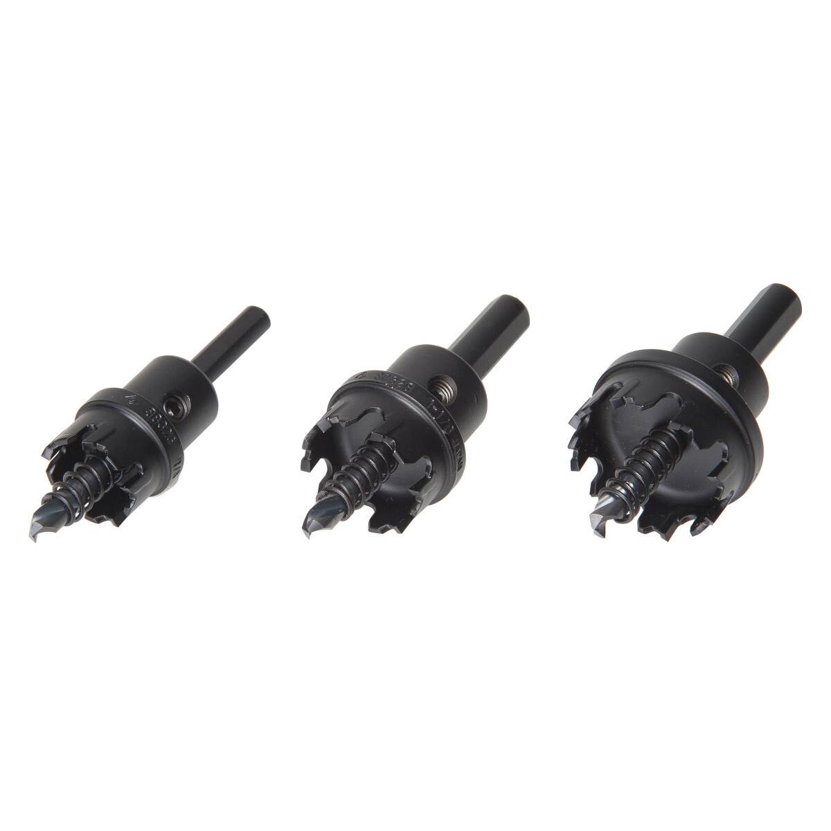 Carbide-Tipped Hole Cutter Kit.  Contains 7/8", 1-1/8" and 1-3/8" cutter heads, pilot drill, hex key and case.  Multiple tungsten carbide tips for long life and smooth cutting.  Cut fast, accurate, high quality holes in stainless steel, copper, aluminum, steel.  Flange stop prevents over-drilling.  Replaceable cobalt steel pilot drill, with split-point tip design, to improve performance and resist walking.  Eliminates need for center punch.