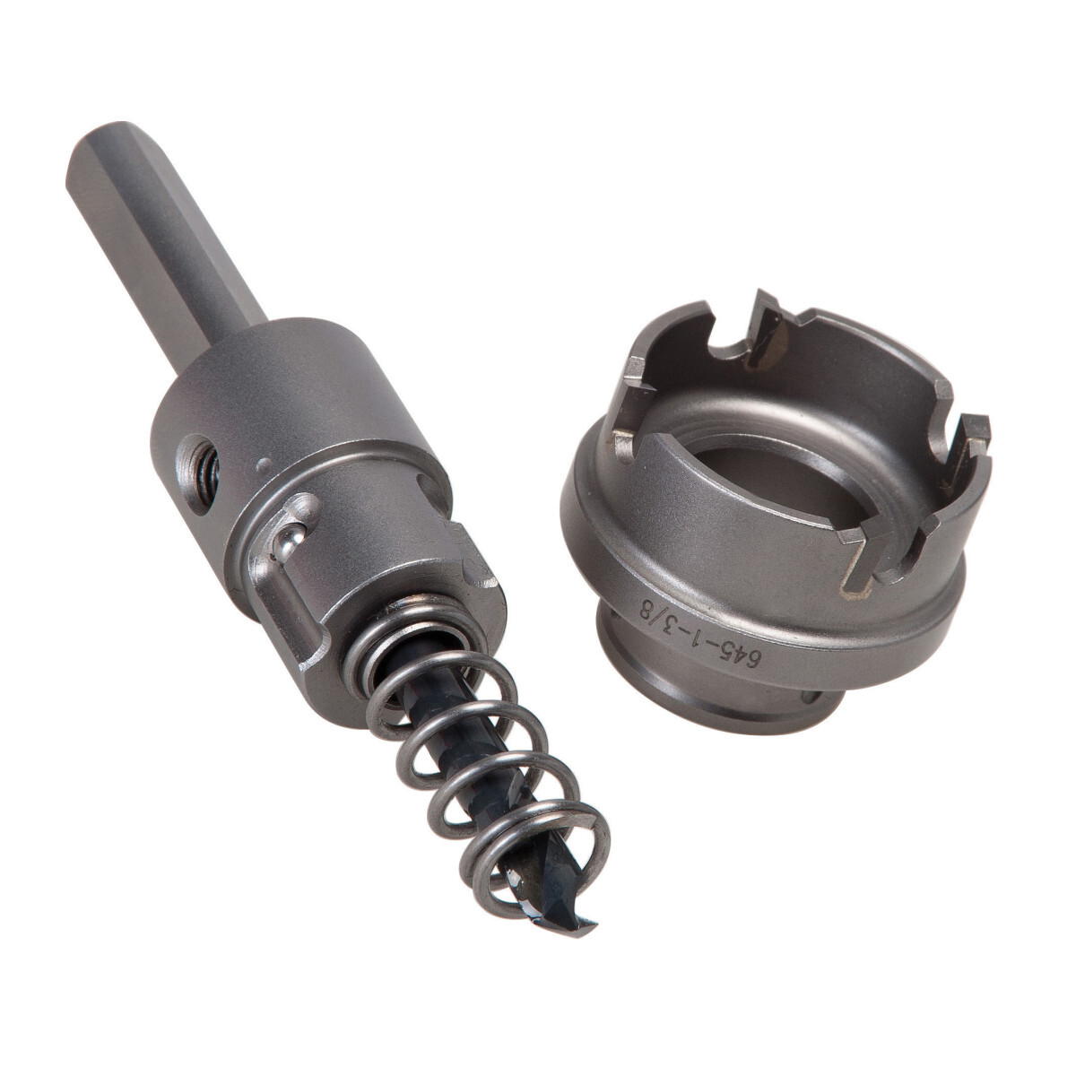 Quick Change Carbide Tipped Hole Cutter 1-1/8" (28.6 mm).  Cuts stainless steel quickly and easily.  Quick Change arbor allows you to change cutter heads with a simple push and a turn.  Use the same arbor for different size cutting heads.  Removable cutter heads available in sizes from 5/8" through 3".  Flange stop prevents over-drilling.  Ejector spring on all sizes above 3/4" makes removal of slug easier.  Replaceable, cobalt-steel pilot drill with split-point tip to prevent walking.  Precision carbide teeth for optimum performance and durability.  Minimum chuck size of 3/8".