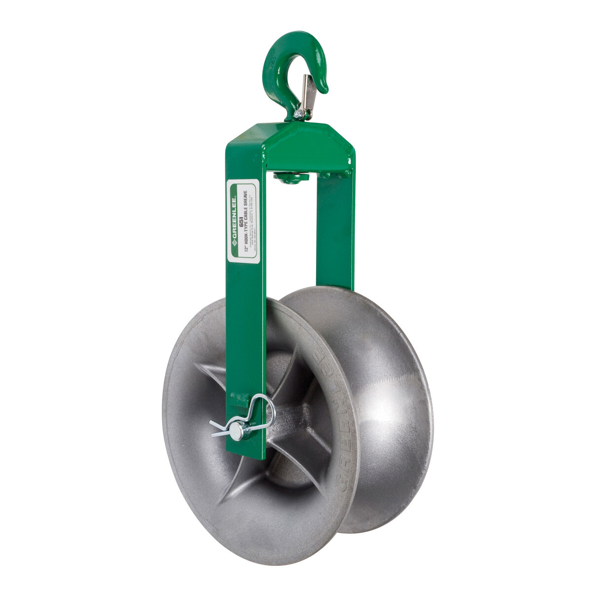 Hook-Type Sheave 4,000 Pound Capacity.  12" (304.8 mm) hook sheave with 3-5/16" (84.1 mm) minimum radius.  Strong, welded steel frames.  Forged steel closure-type hooks with 1" (25.4 mm) opening.  5" (127 mm) wide aluminum alloy sheaves with self-lubricating bearings.  Select a sheave with a maximum rated capacity that meets or exceeds the cable puller's maximum pulling force.