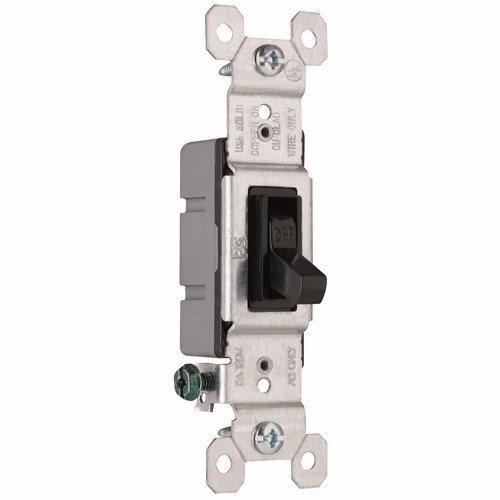Single Pole Switch, Grounded Terminals, 15 amps, 120 volts, Black.