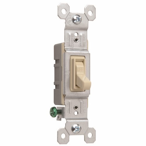 Single Pole Switch in ivory, withgrounded terminals, is made of a thermoplastic toggle and frame. It has a smooth, quiet toggle action. It is made with high-impact resistant construction. 15 amps, 120 volts. Available in bulk packs of 120. Add U to end of Catalog Number. Example: 660IGU