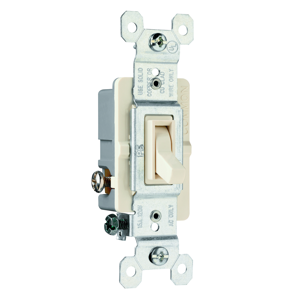 NAFTA-Compliant Triple Pole Switch, Grounded Terminals, 15 amps, 120 volts, Light Almond. Available in bulk packs of 90. Add U to end of catalog number. Example: 663LAGU