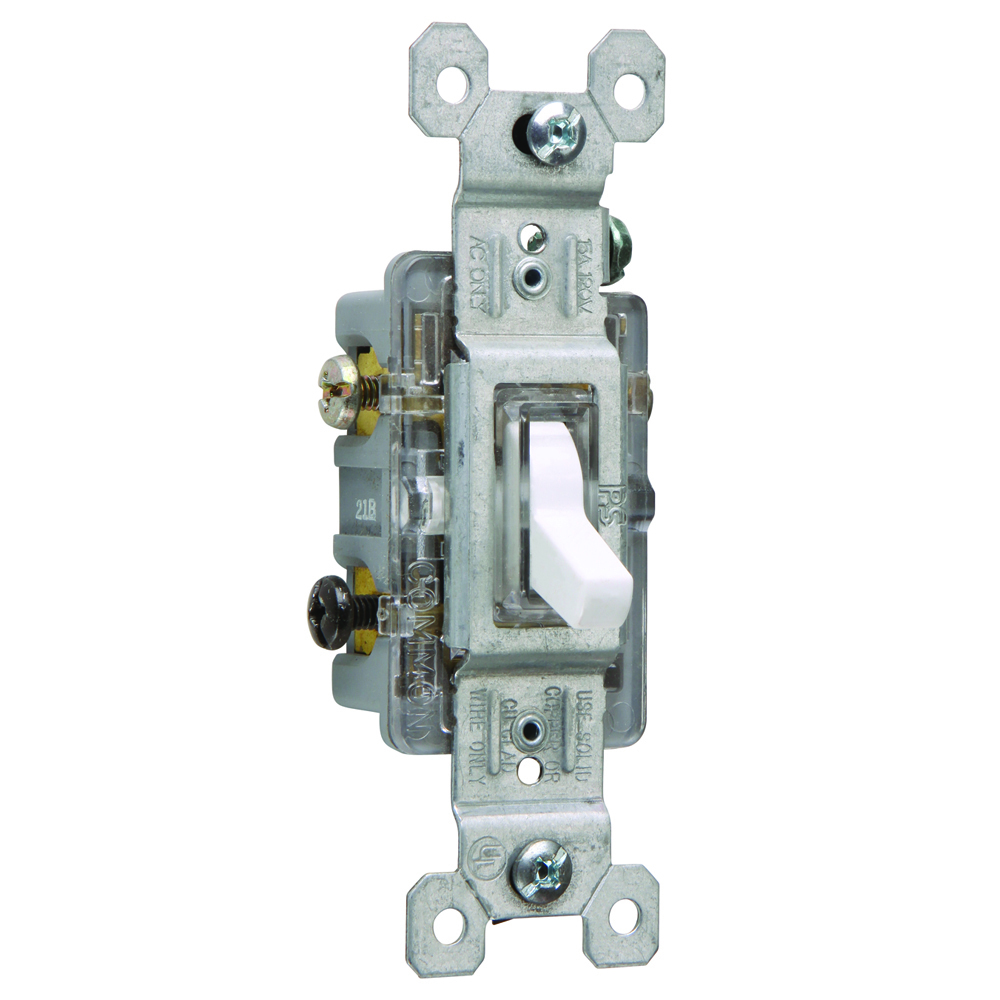 Three-Way Lighted Toggle Switch, 15 amps 120 volts, White.