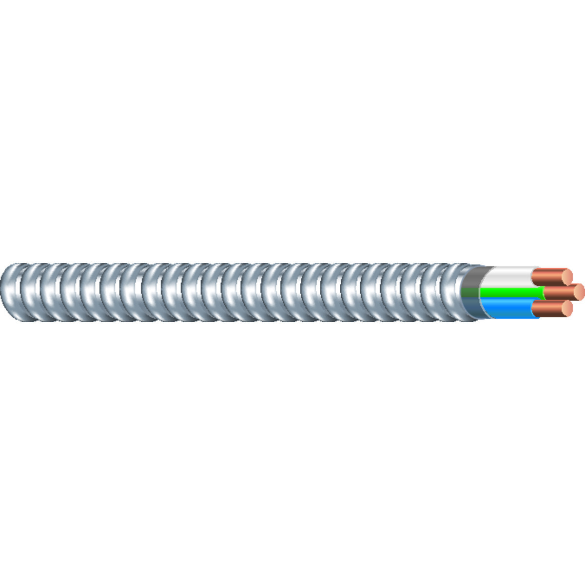 Southwire Armorlite Type MC Cable is constructed with soft-drawn copper  Type THHN/THWN-2 conductors rated 90C dry  and a bare copper grounding conductor for sizes 1/0 AWG and larger. The conductors are cabled together and a binder tape bearing the print legend is wrapped around the assembly. Aluminum interlocking armor is applied over the assembly. Also available in steel. Conductors are black with phase identification. Colors available upon request with economic order quantity.