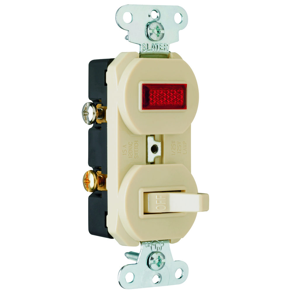 15 amps, 120 volts, Single Pole, Single Pilot Light, Combination Switch, Grounding, Ivory.