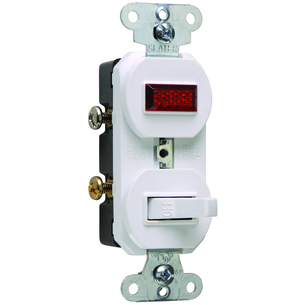 15 amps, 120 volts, Single Pole, Single Pilot light, Combination Switch, Grounding, White.