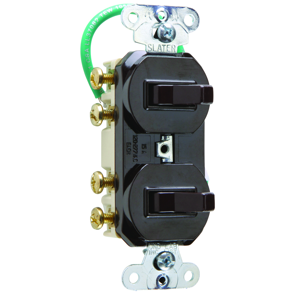 15 amps 120/277 volts, Double Three-way Combination Switch, Grounding, Brown.