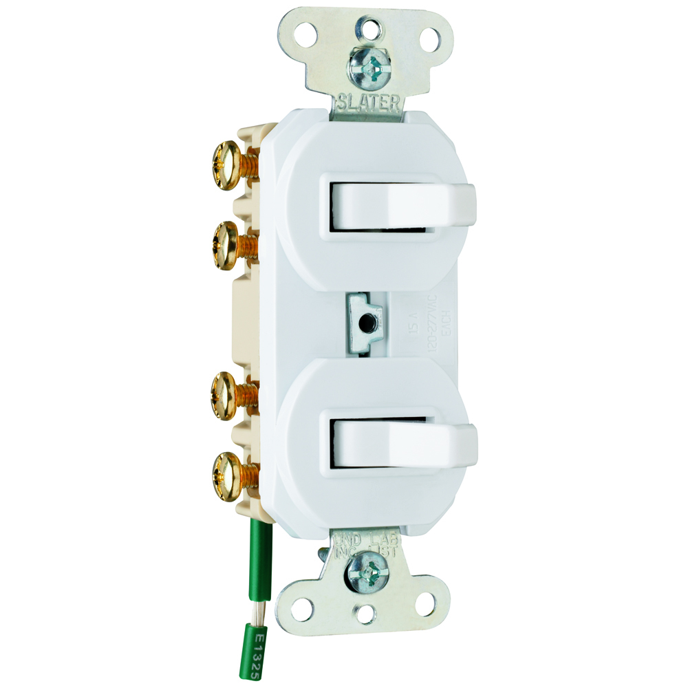 15 amps 120/277 volts, Double Three-way Combination Switch, Grounding, White.