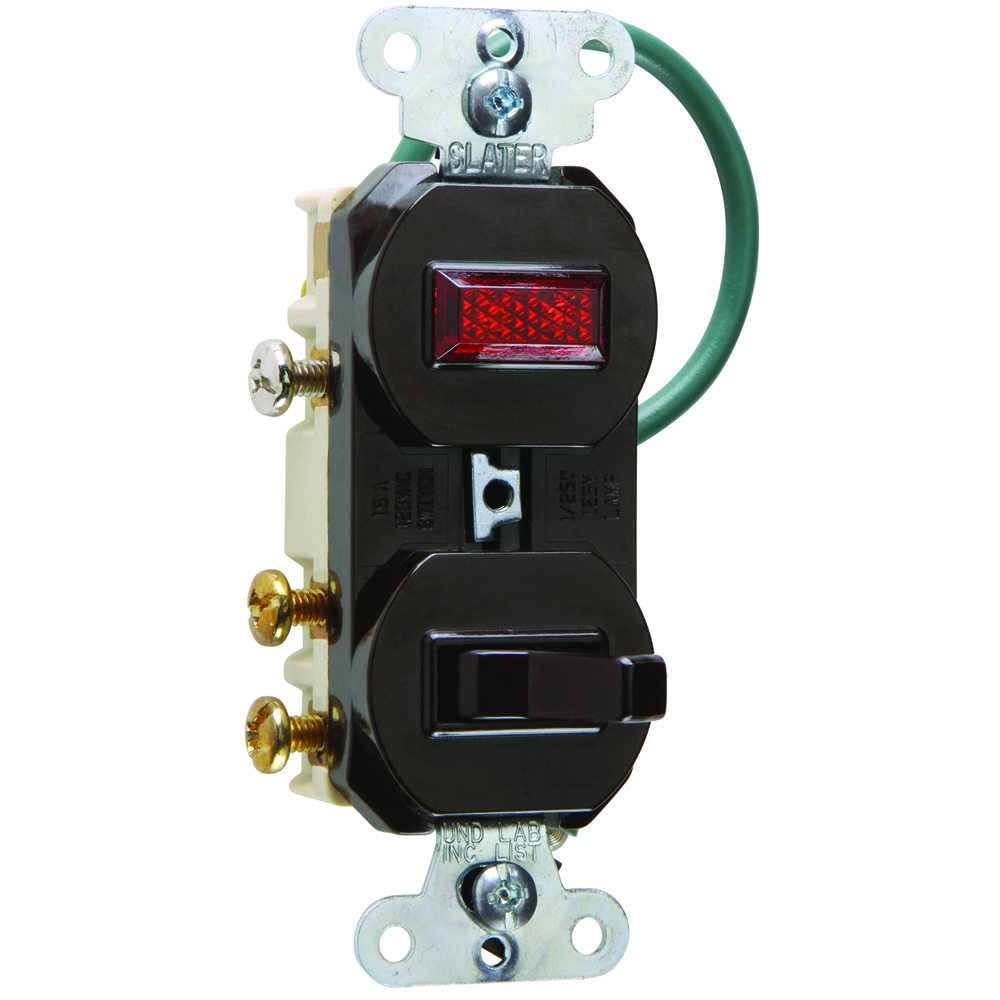 Three-Way, Single Pilot Light, Combination Switch, 15 amps, 120/125 volts, Grounded, Brown.
