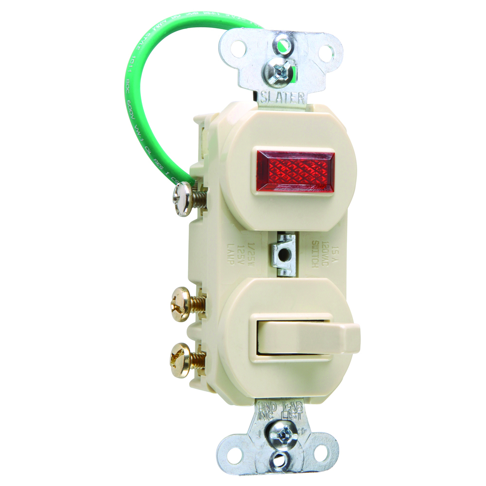 Three-way, Single Pilot Light, Combination Switch, 15 amps, 120/125 volts, Grounded, Ivory.