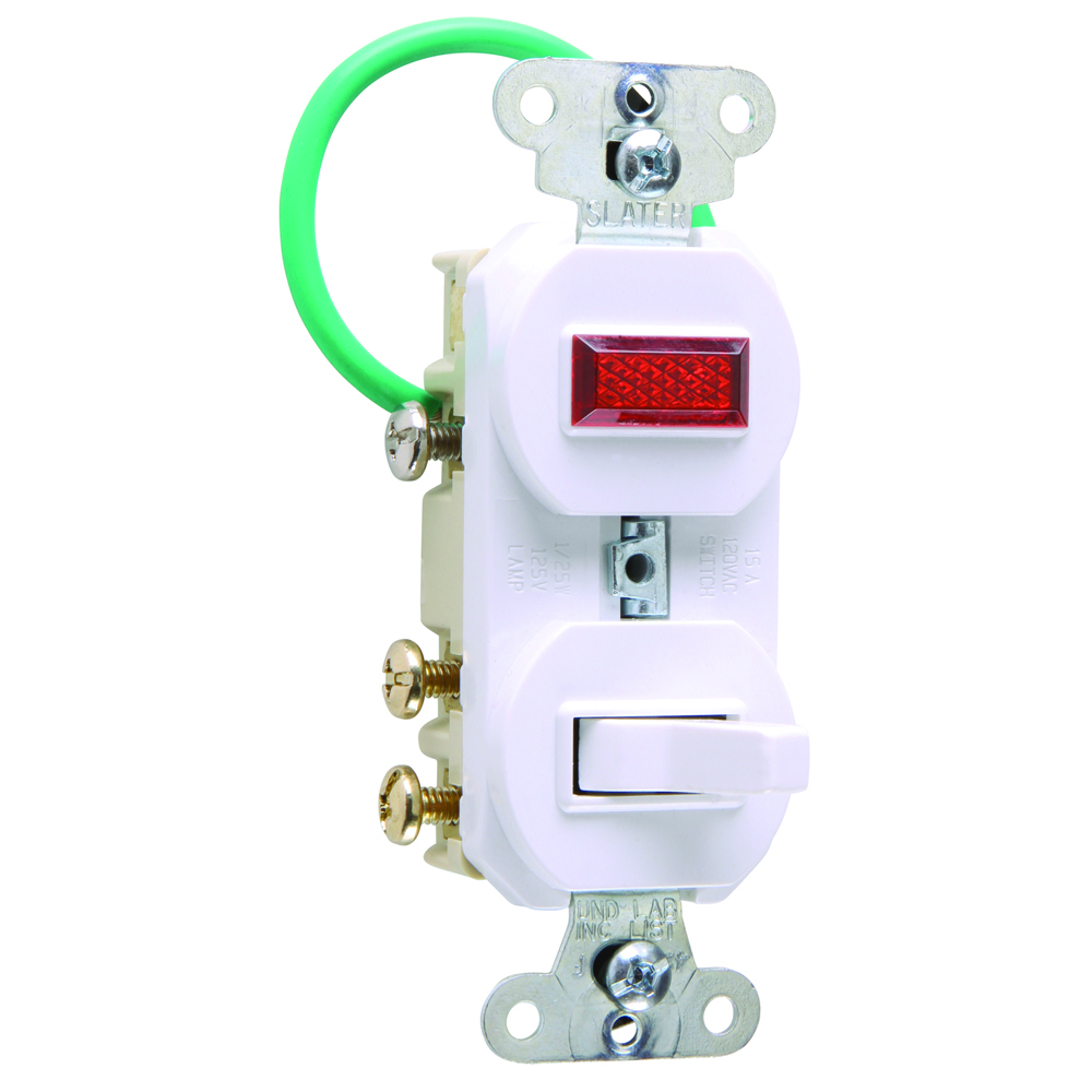 15 amps, 120/125 volts, Three-way, Single Pilot Light, Combination Switch, Grounding, White.