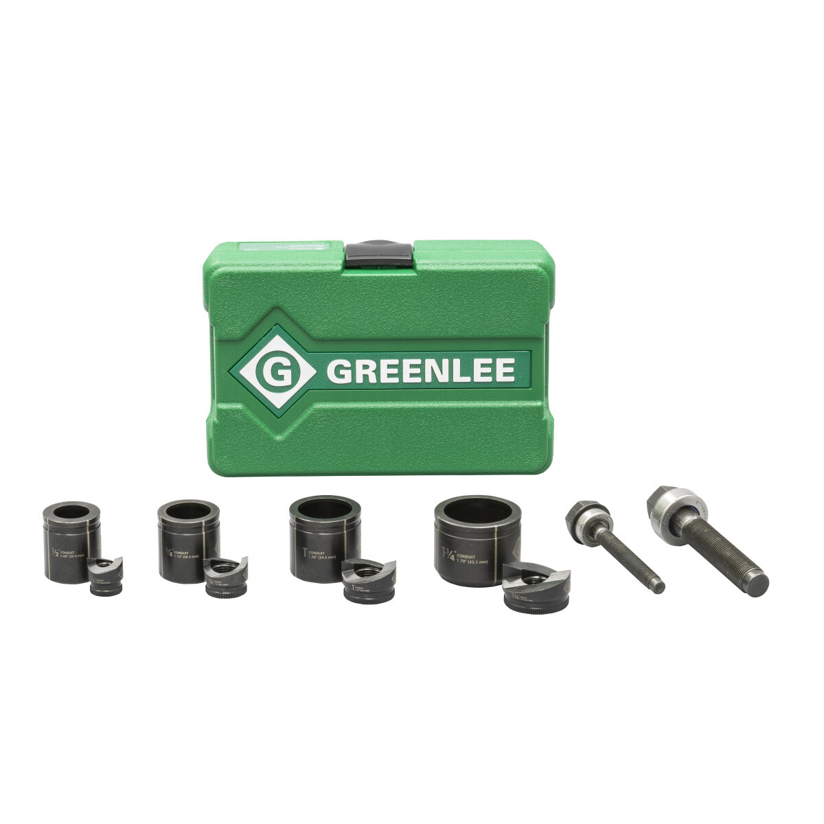 Slug-Buster 1/2" - 1-1/4" Manual Knockout Set.  For use with new Greenlee KRW-1 high-leverage ratchet wrench. Slug-Buster punch profile splits slugs for easy slug removal. Knurled edge on punches for better grip. New die design optimized for widest range of materials and drivers. Laser markings for quick part identification. Alignment markings for improved accuracy. Easy threading - draw studs with "dog point" tip helps eliminate cross-threading. Punches, dies and case made in the USA. Draw stud manufactured in the USA from US and global components.