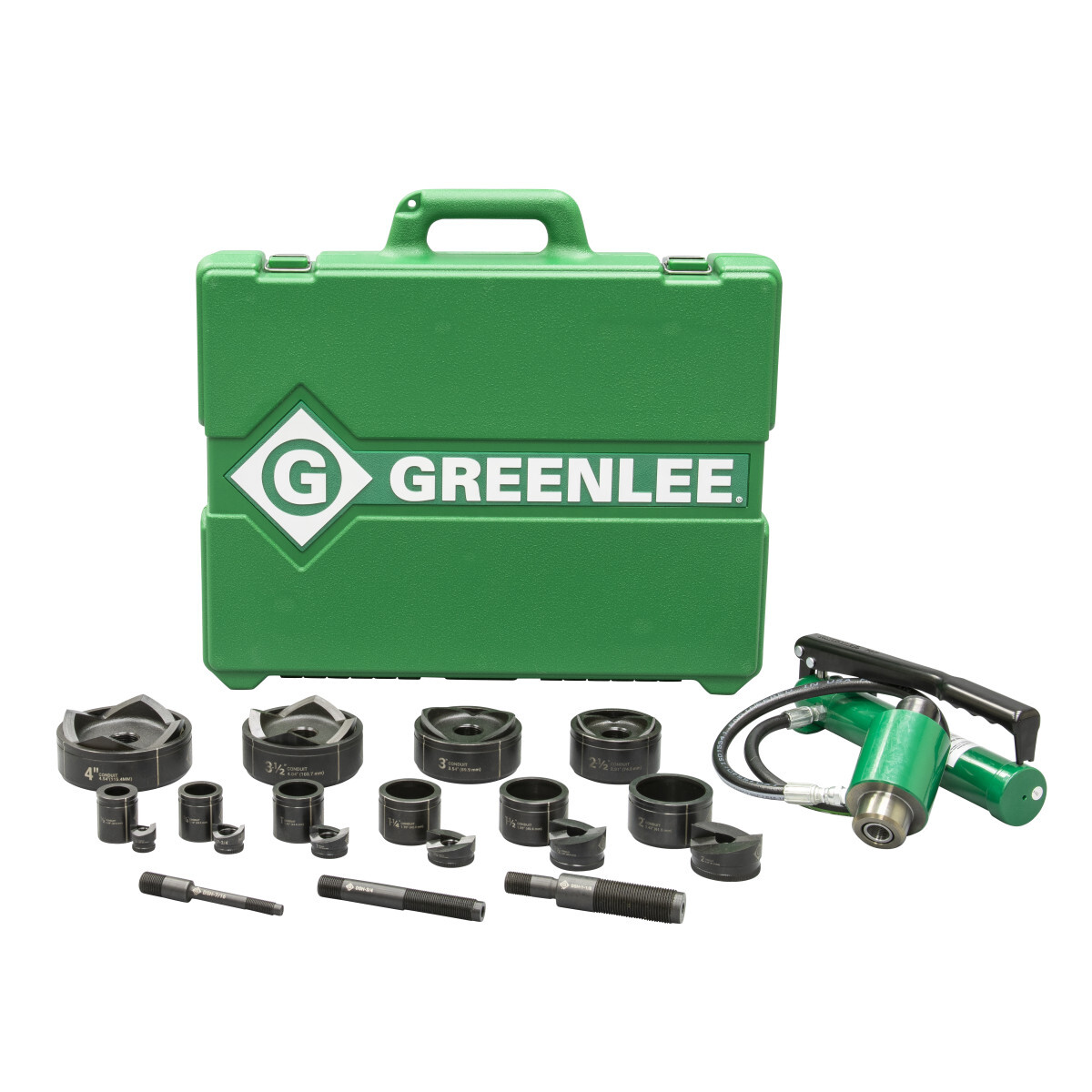 11 ton hydraulic knockout kit with hand pump and Slug-Buster 1/2"-4".  Compact lightweight design for portability and fast, easy one-person operation. Slug-Buster punch profile splits slugs for easy slug removal.  Knurled edge on punches for better grip.  New die design optimized for widest range of materials and drivers.  Laser markings for quick part identification. Alignment markings for improved accuracy. Easy threading draw studs with "dog point" tip helps eliminate cross-threading. Hex key access for easy removal from tool. Works with all Greenlee knockouts. Same draw studs used with Intelli-PUNCH, LS50L2 and 746A ram.  Punches, dies, draw studs and case made in the USA.  Driver manufactured in the USA from US and global components