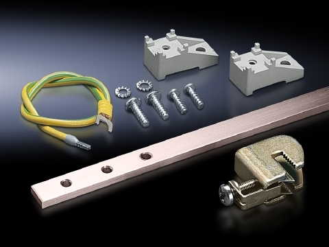 Earth rail, vertical, for TS, supply includes: Earth rail made from E-Cu 57 to DIN EN 12 163, DIN EN 13 601, 15 x 5 mm, 16 conductor connection clamps 2.5 to 16 mm, 15 earthing leads 6 mm, L = 500 mm, Assembly parts