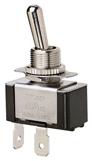 IDEAL, Toggle Switch, Standard, On-Off, Voltage Rating: 125, 227 VAC, Amperage Rating: 20, 10 AMP, Number Of Poles: 1, Action: SPST, Connection: Spade, 2 Terminals, Actuator: Toggle, Contact Rating: Factory Tested 100000 Cycles To 21 AMP 14.8 VDC DC Rating, Size: 1.130 IN Length X 0.570 IN Width X 0.610 IN Height, Mounting: 1/2 IN Hole Diameter, Operating Cycles: 100000 Cycles Mechanical Life, Operating Temperature: 32 To 185 DEG F, Dielectric Strength: 1500 V, Finish: Solid Brass/Nickel-Plated Bushings, Hp Rating: 3/4 HP At 125 To 250 VAC