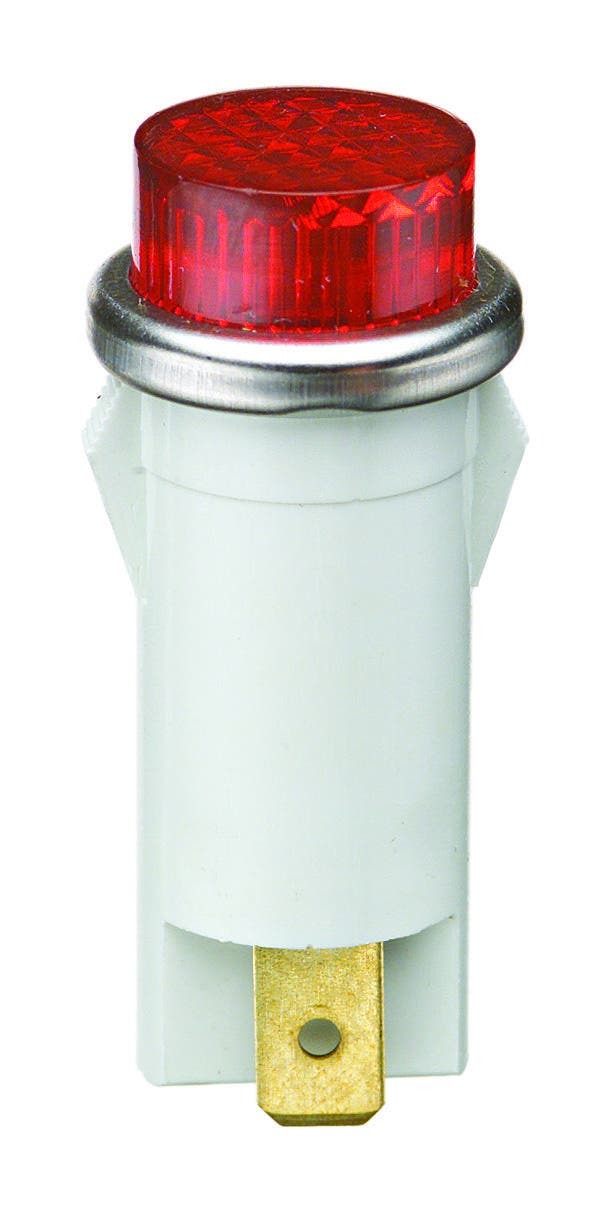 IDEAL, Indicator Light, Raised, Wattage: 1.2 WTT, Voltage Rating: 14 V, Amperage Rating: 08 AMP, Color: Red Lens, Average Life: 50000 HR, Mounting: 1/2 IN Diameter, Operating Temperature: Nylon Body: 140 DEG C, Polycarbonate Lens: 135 DEG C, Bezel: 0.100 IN Height, Flammability Rating: 94V-2, Material: Nylon Body With Raised Transparent Polycarbonate Lens And Stainless Steel Bezel, Lamp Type: Incandescent, Termination Style: 6 IN Wire Leads, Lamp Height: 0.200 IN
