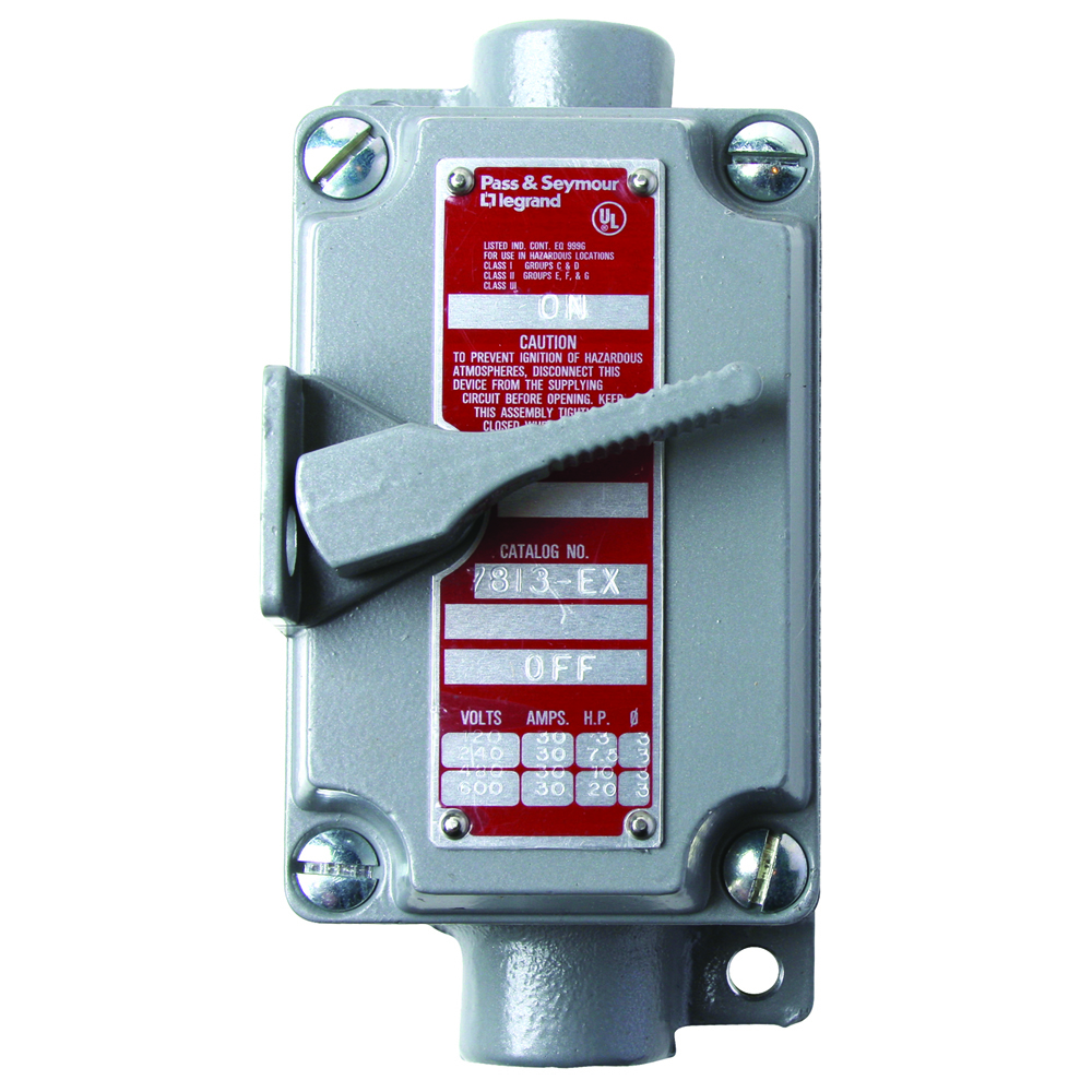 Three pole, Three Phase Switch (7803) in a NEMA 7 and 9 Enclosure for Hazardous Locations. Class I - Groups C, D, Class II - Groups E, F, G. 30 amps, 600 volts.