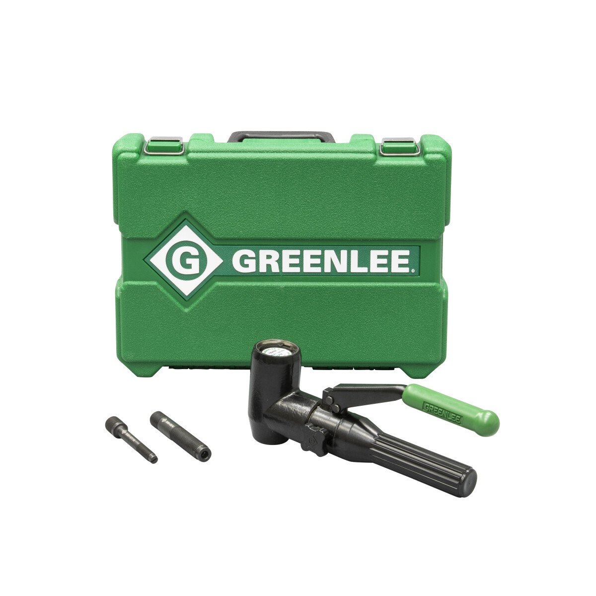 Compact design for portability and fast, easy one-person operation. Right angle driver head rotates over 180 degrees for maneuverability in tight work areas.  Easy threading draw studs with "dog point" tip helps eliminate cross-threading. Hex key access for easy removal from tool. Works with all Greenlee knockouts up to 2".  Draw studs and case made in the USA.  Driver manufactured in the USA from US and global components