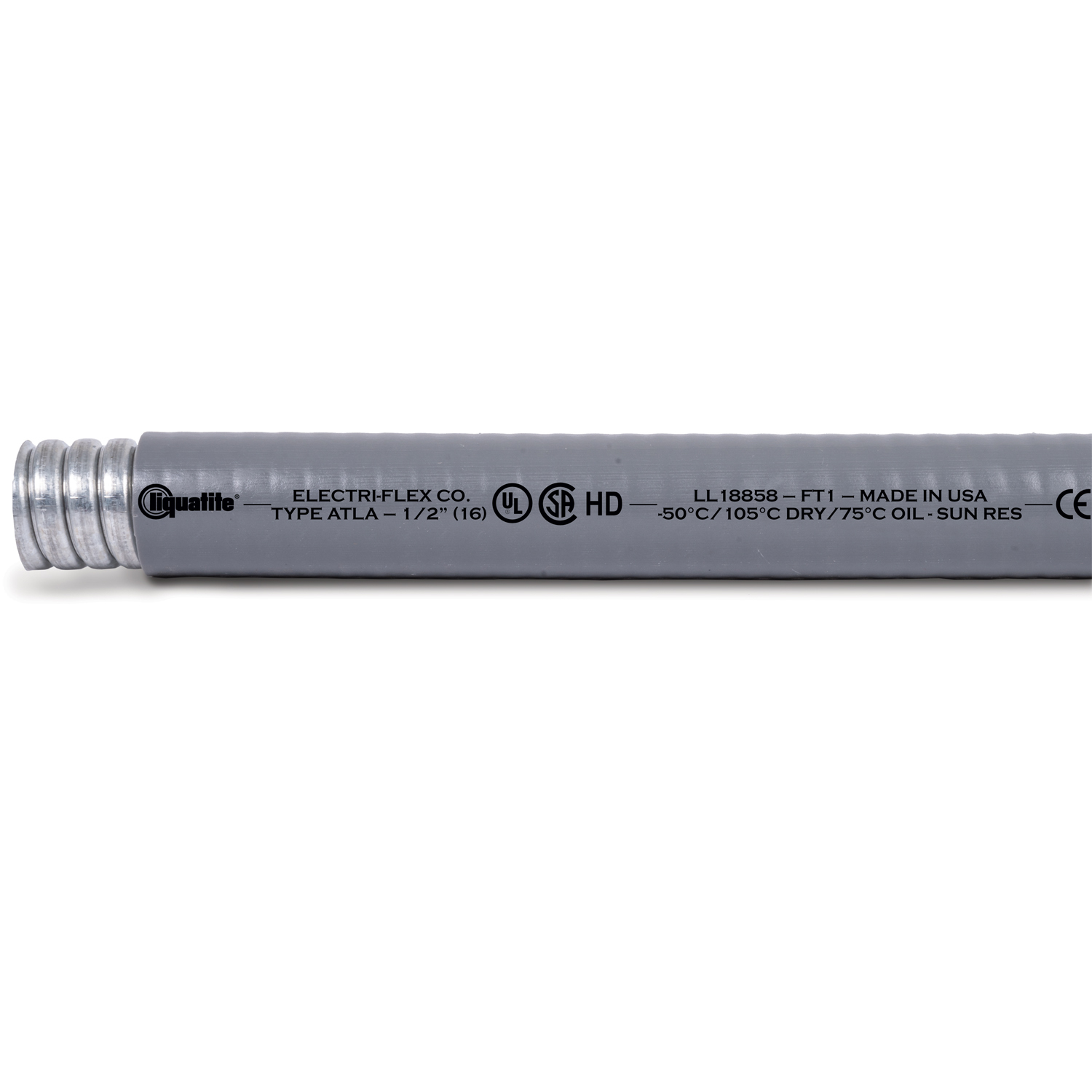 ATLA 16 GRAY 2IN. 50FT.CTN. A liquidtight flexible steel conduit designed specifically for extreme hot or cold environments. The flexible inner core is identical to that found in Type LA. The specially formulated PVC jacket remains flexible at low temperatures and resists aging at elevated temperatures. It is listed by Underwriters Laboratories Inc. and certified by Canadian Standards Association