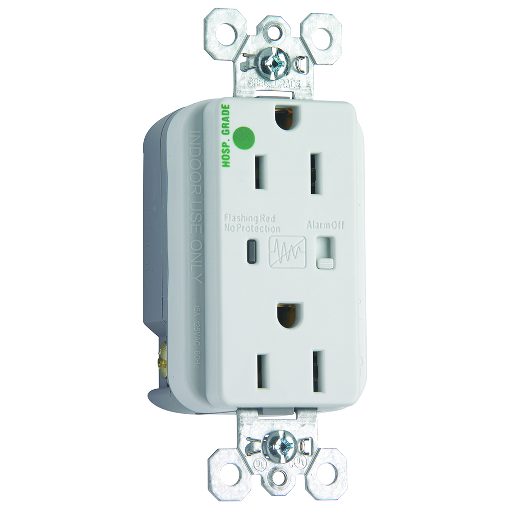 Hospital Grade Surge Protective Duplex Receptacle offers increased transient protection, reliability and protection notification (Audible Alarm with LED Indicator). Back and, Side Wire, 15amp 125volt, White.