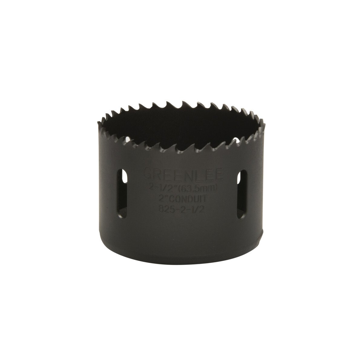 Bi-Metal Hole Saw, Actual Hole Size 2-1/2" (63.5 mm).  Cut through steel, tin, aluminum, fiberglass, wood and plastic.  Deep 1-5/8" (41.3 mm) cutting depth allows for cutting through 2" x 4" wood studs.  Extra-tough bi-metal blade- we use the highest grade oftool steel to outlast competitor's blades. That beats premature saw replacement and saves you money.  Steam oxide finish - no paint to gum up and slow cutting.  The saw runs cooler for longer life and better performance.  Extra-thick backplate minimizes vibration for smoother, easier, less tiring cutting.  Made in USA.