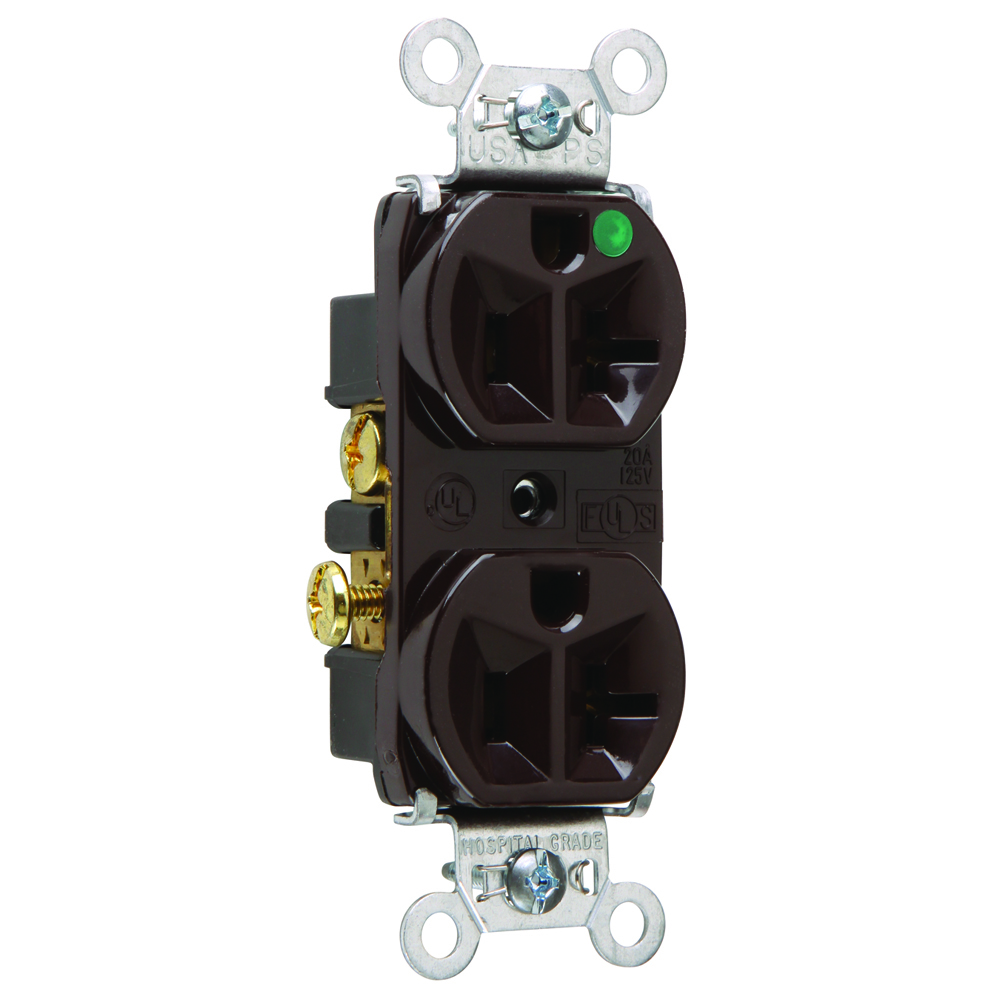 Heavy-Duty Hospital Grade Compact Design Duplex Receptacle Back and, Side Wire 20amp 125volt Brown