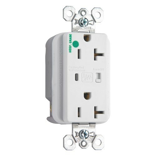 Hospital Grade Surge Protective Duplex Receptacle offers increased transient protection, reliability and protection notification (Audible Alarm with LED Indicator). Back and, Side Wire, 20amp 125volt, White.