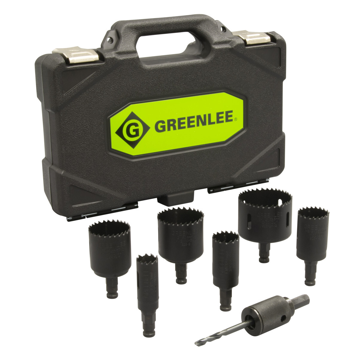 Quick Change Hole Saw Kit.  New arbor allows for rapid mounting or removal of hole saws.  Faster, easier slug removal.  Drill pilot hole without saw.  Eliminates the "bite"" when saw crashes into the steel.  Provides better ergonomics - reduces stress on wrist, arm and hand.  Eliminates obstructed view from hole saw.  Only one arbor required from 7/8" to 6" (7/16" shank recommended for hole saws above 2-1/2").  Works with recessed light and carbide grit hole saw products as well.  Adapters re-usable to minimize costs.  Universal - works with any brand hole saw.  Kit contains Bi-metal holesaws for 1/2" - 2" conduit sizes.