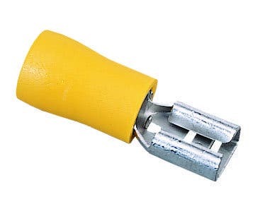 IDEAL, Disconnect Terminal, Vinyl Insulated, Wire Size: 12 - 10 AWG, Voltage Rating: 300 V, Material: Brass, Finish: Tin-Plated, Insulation: 0.244 IN Diameter, Connection: Female, Tab Size: 0.250 IN X 032 IN, Temperature Rating: 75 DEG C