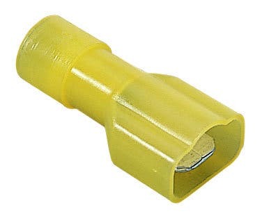 IDEAL, Disconnect Terminal, Terminal Vinyl Fully Insulated, Wire Size: 12 - 10 AWG, Voltage Rating: 300 V, Material: Brass, Nylon, Finish: Tin-Plated, Insulation: 0.244 IN Diameter, Connection: Male, Tab Size: 0.250 IN X 032 IN, Temperature Rating: 105 DEG C