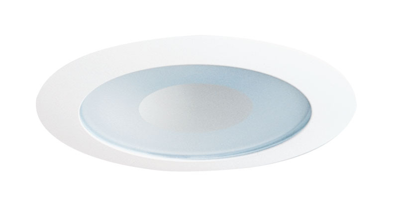 Juno 4-inch recessed shower trim has frosted glass and a white trim. It is ideal for applications where general lighting is needed in a damp or wet environment. Easy to install into JUNO housings.
