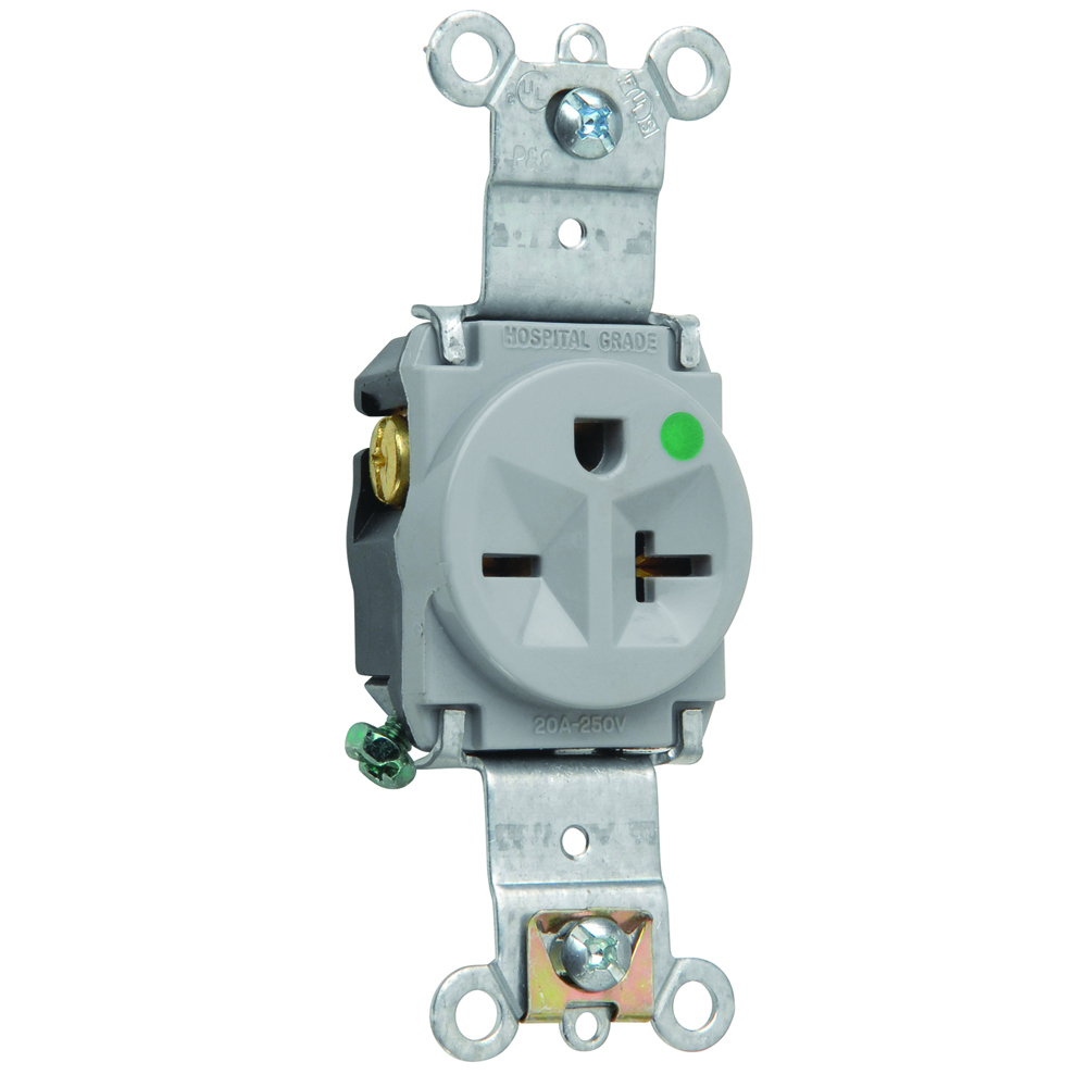 Heavy-Duty Hospital Grade Single Receptacle, Back and, Side Wire, 20amp 250volt, Gray