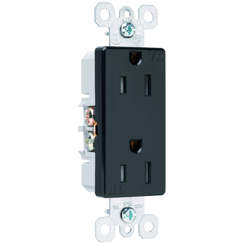 Decorator tamper-resistant receptacle. 15 amp, 125 volt, Black.
