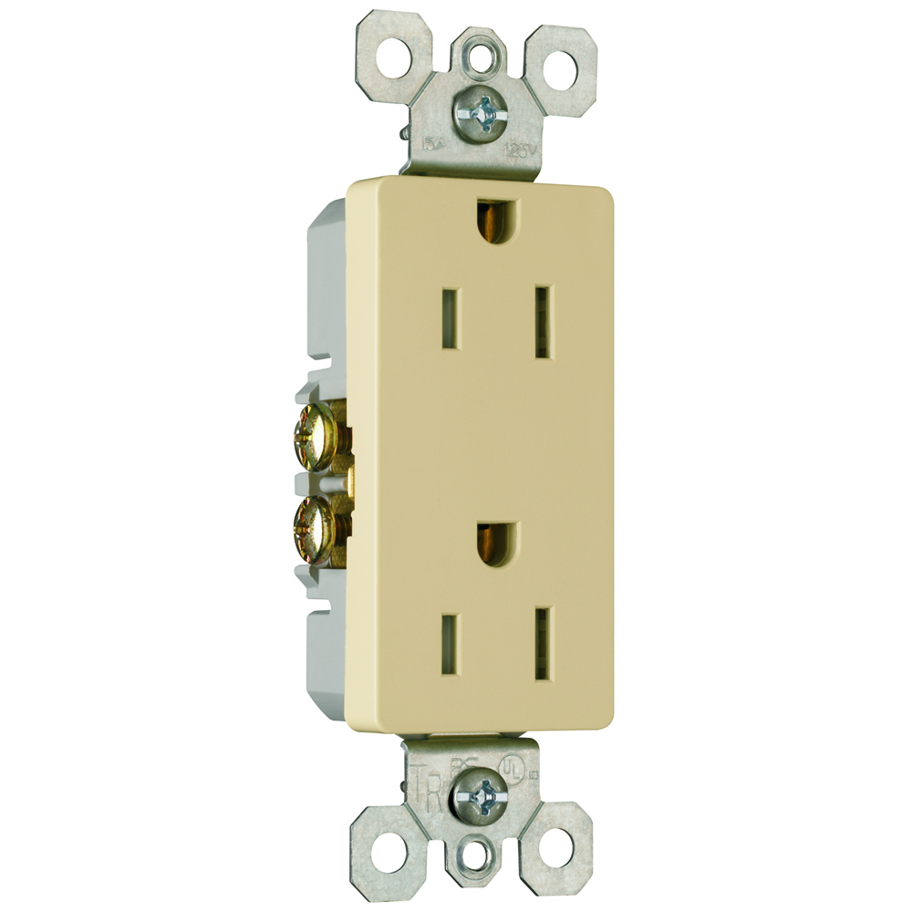 Decorator tamper-resistant receptacle. 15 amp, 125 volt, Ivory.