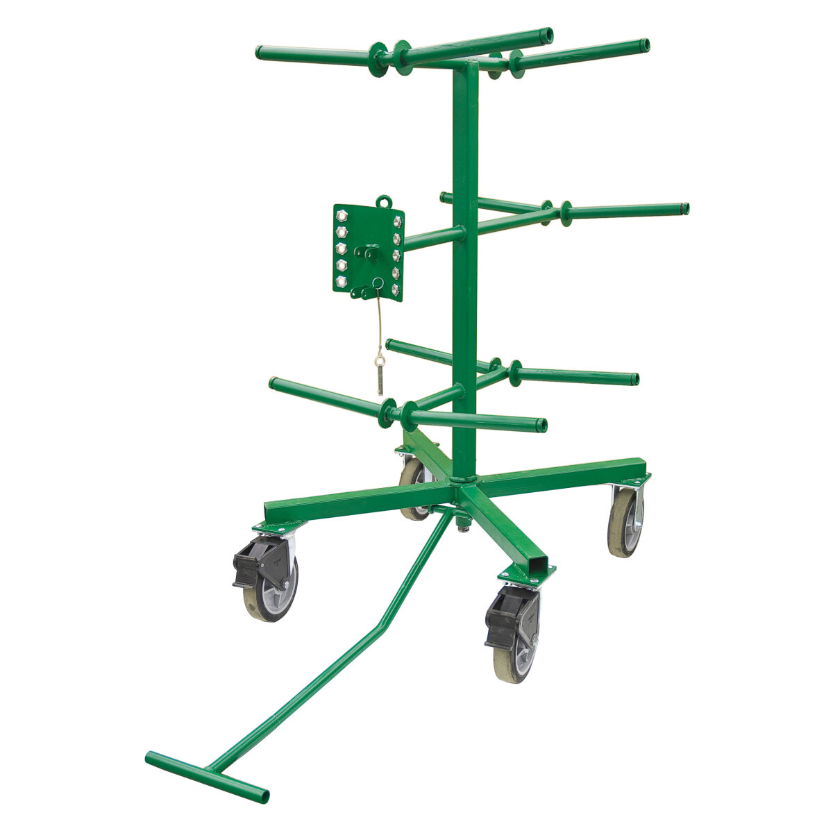 Wire Dispenser.  All welded steel construction.  Includes two (2) fixed and two (2) swivel locking heavy-duty casters.  The spool rack consists often (10) spindles and an adjustable guide loop.  Can be turned 360 independent of the base.  Spindles are angled to contain reels and act as a brake while paying out wire.  Fits through a 36" (915 mm) opening.