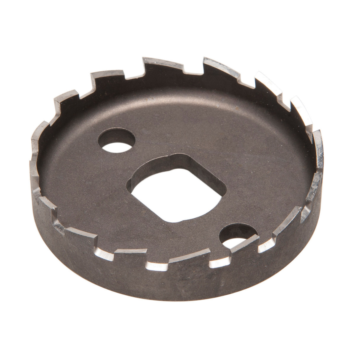 Ultra Cutter 2-1/2"  (63.5 mm) actual hole size.  Lasts 10 times longer thanstandard hole saws.  Precision-ground teeth cut smooth, burr-free holes with ease.  1/4" (6.35 mm) capacity.  Durability and speed provide low cost per hole.  Split-point pilot drill prevents walking - makes accurate hole placement easy.  Spring-loaded slug ejector saves time.  No tool required to change cutter sizes.  Less chance of broken teeth because the saw body is machined out of solid, high-speed steel.