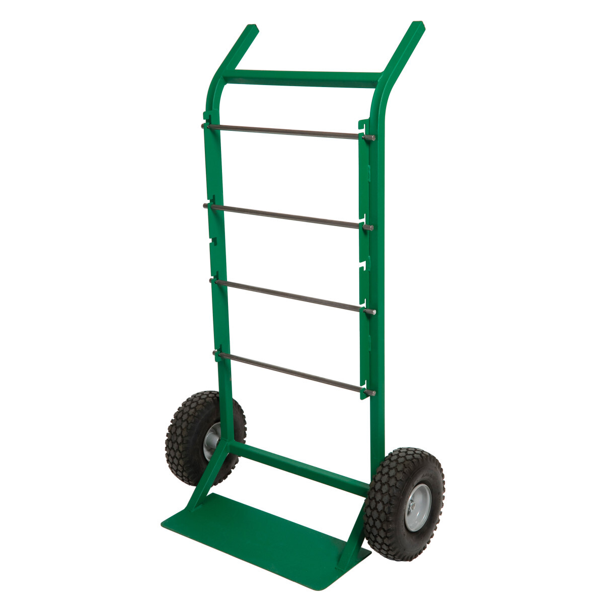 Holds up to twelve (12) spools of #12 AWG wire or eight (8) spools of #10 AWG wire.     10 IN (254 mm) diameter pneumatic tires for jobsite portability.     Pinless design eliminates loose parts.     Four (4) solid steel 1/2 IN (13 mm) spindles included.     Lay cart flat when dispensing wire. Upright for use as hand truck.
