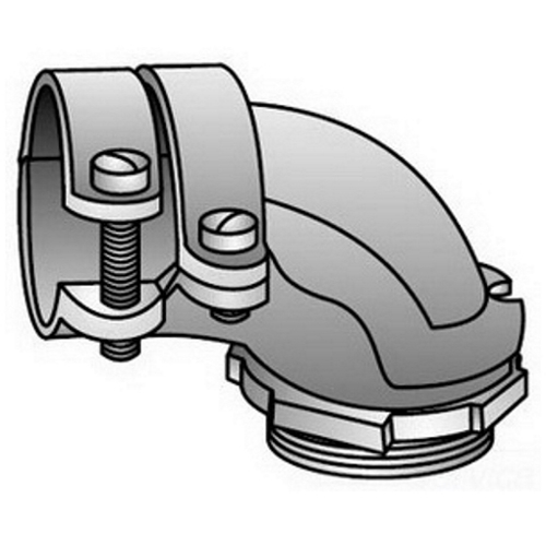 OZ-Gedney Type ACV 90 DEG Center Stopped 2-Screw Clamp Connector, Size: 3/4 IN, Connection: Male NPS Hub X Screw Clamp, Conductor Range: 29/32 - 1-1/64 IN, Malleable Iron, Finish: Zinc Electroplated, 7/16 IN Thread Length, Dimension A: 1-13/16 IN,