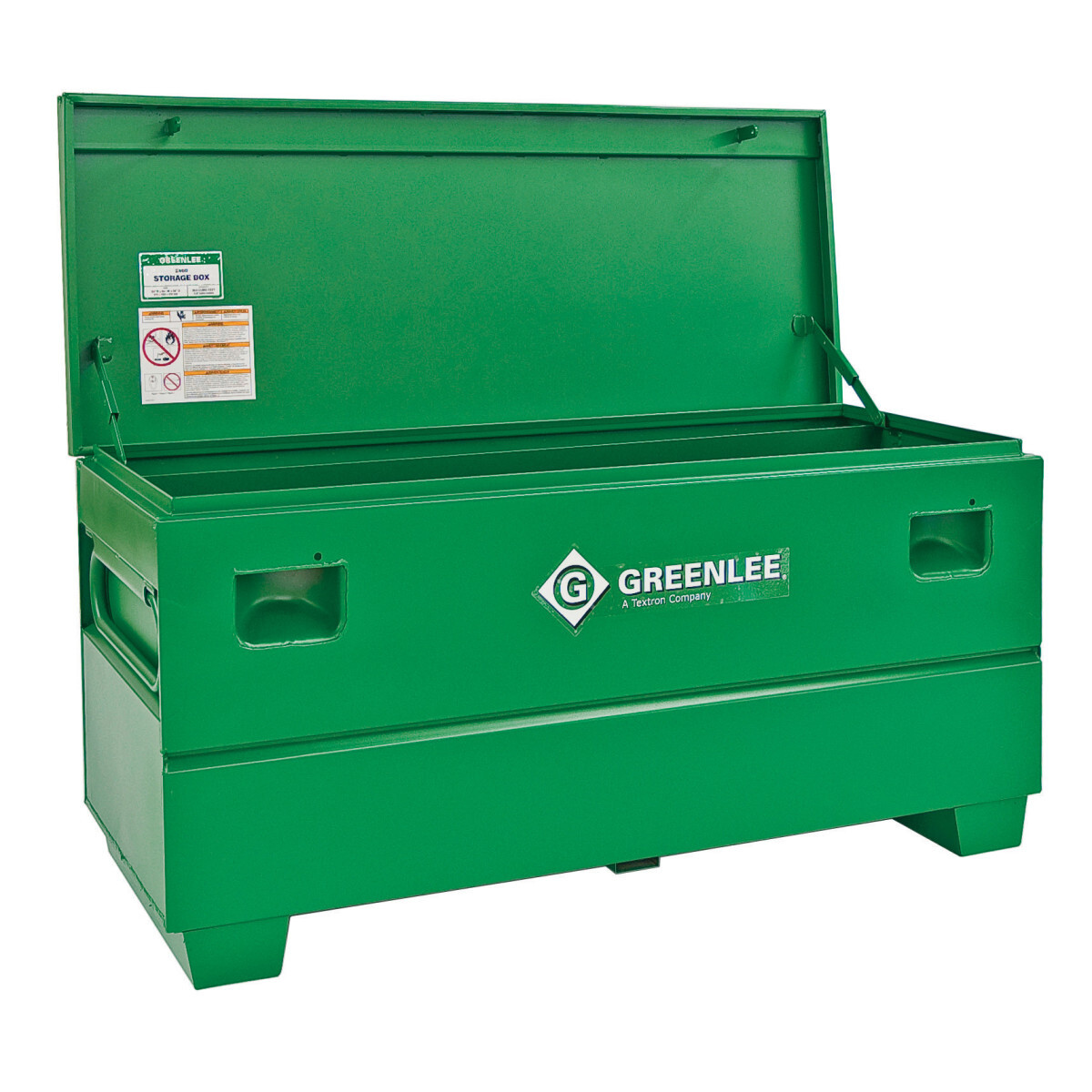 Storage Chest Without Tray, 14" x 32" x 19".  Recessed and concealed lock protector for maximum security against drilling and cutting lock.  Enhanced lid bolster for added support and durability.  Steel support arm(s) to hold lid in open position.  Patented, ergonomically designed fold-down recessed handles