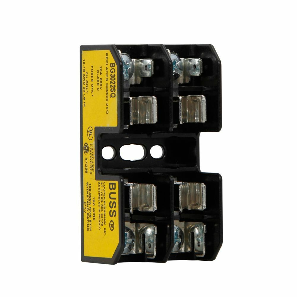 Eaton Bussmann series BG open fuse block, Open fuse block, 1-20 A, Three-pole, Class G, 100 kA, Screw/quick connect, 100 kAIC, Thermoplastic, 600 V, For use with SC fuse, #14-10 AWG Cu