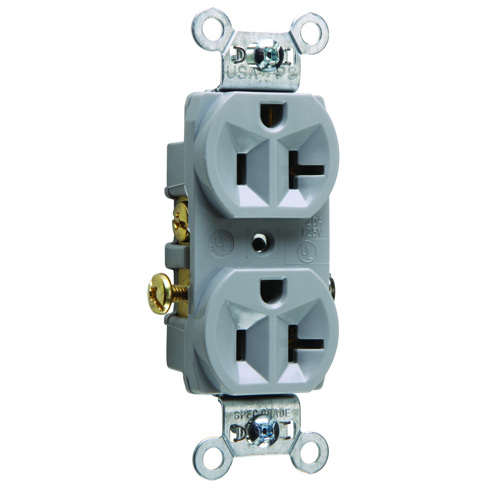 Commercial Spec Grade Duplex Receptacle, Side Wire, 20amp 125volt, Gray