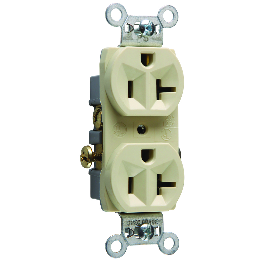 Commercial Spec Grade Duplex Receptacle with side wire. Itis corrosion-resistantwith aplated steel strap locked in to face and back body to resist pulling away from face/body assembly. Ithas aneasily accessed break-off, line-contact connecting tab for fast, easy split-circuit wiring. It also has an impact-resistant nylon face and thermoplastic back body. 20amp, 125volt, Ivory