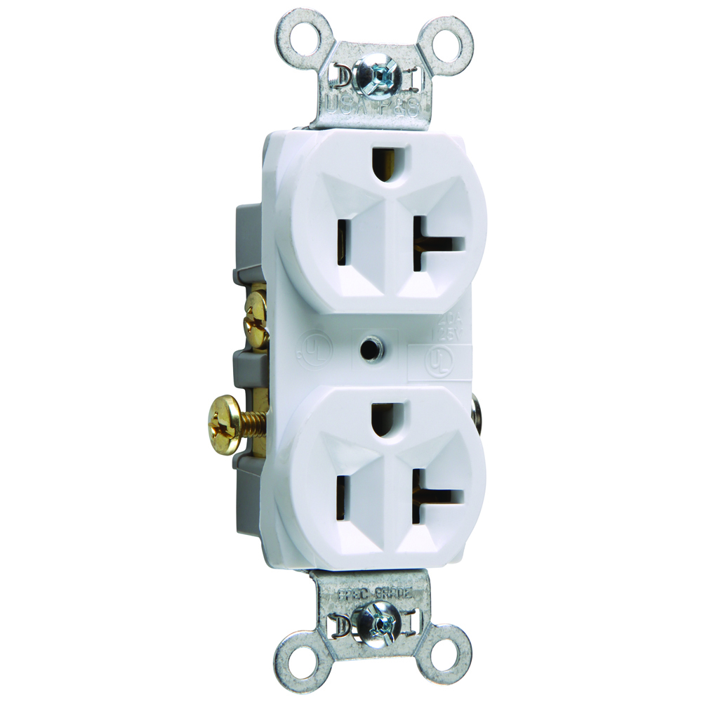 Commercial Spec Grade Duplex Receptacle with side wireis corrosion-resistant with aplated steel strap locked in to face and back body to resist pulling away from face/body assembly. It has aneasily accessed break-off, line-contact connecting tab for fast foreasy split-circuit wiring. It also has an impact-resistant nylon face and thermoplastic back body. 20amp, 125volt, White.