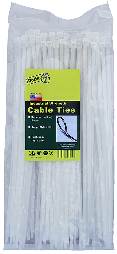 Standard Duty Cable Ties, 0.18 in. width, 7.56 in. length, 0.052 in. thickness, 1.875 in. bundle diameter, Nylon material, Natural, 50 lb. tensile strength