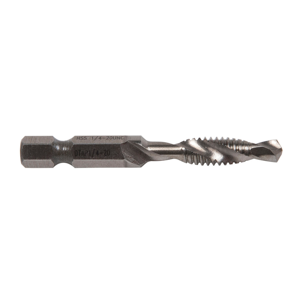 Combination Drill/Tap Bits.  1/4-20NC.  Complete hole drilling, tapping and deburring/countersinking in one operation with power drill saves labor and time.  Back tapered beyond tap to prevent thread damage from over-drilling.  Deburr/countersink also provided on bit beyond back taper.  Made from hardened high-speed steel vs. carbon steel for longer life.  High quality hex shank to ensure strong connection to drill chuck.  Designed to tap up to 10-gauge metal.  Quick change adaptor included in both metric and standard kits.