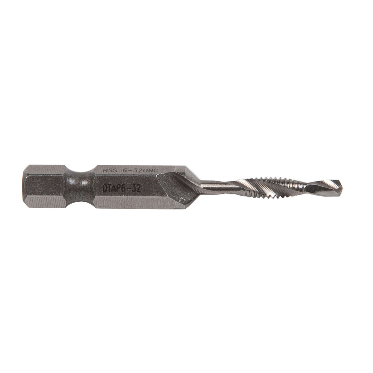 Combination Drill/Tap Bits.  6-32NC.  Complete hole drilling, tapping and deburring/countersinking in one operation with power drill saves labor and time.  Back tapered beyond tap to prevent thread damage from over-drilling.  Deburr/countersink also provided on bit beyond back taper.  Made from hardened high-speed steel vs. carbon steel for longer life.  High quality hex shank to ensure strong connection to drill chuck.  Designed to tap up to 10-gauge metal.  Quick change adaptor included in both metric and standard kits.