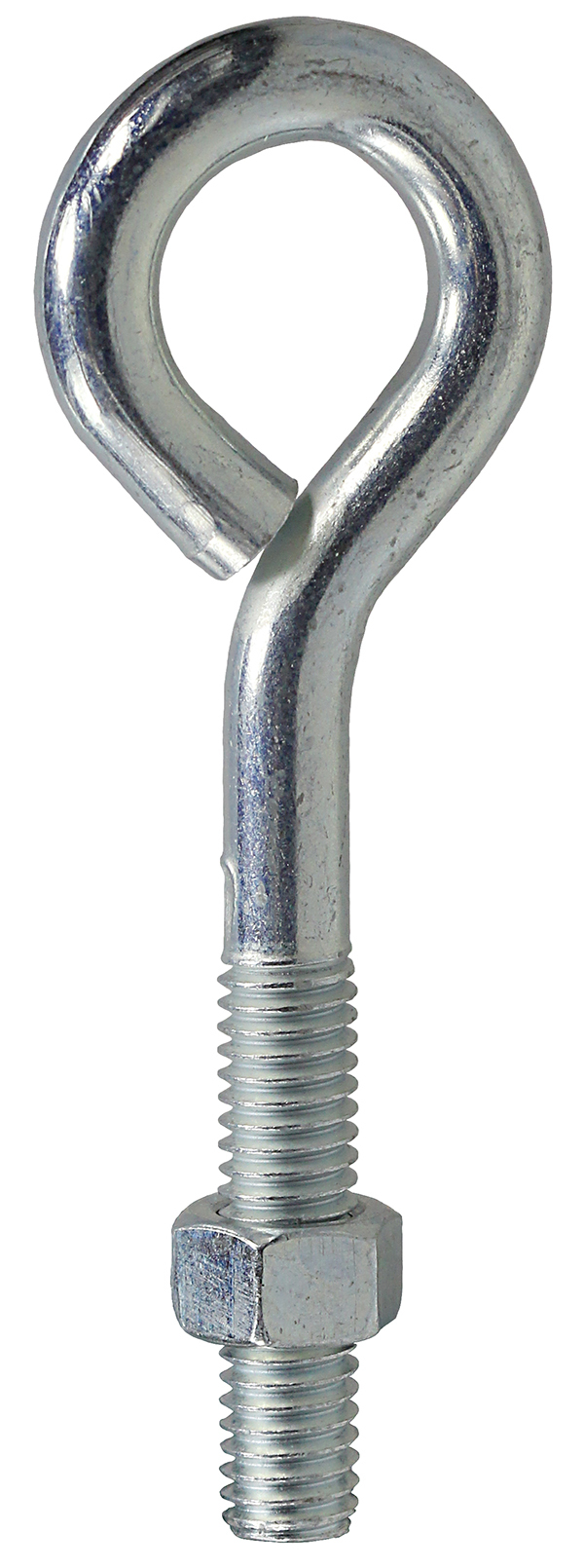 Eye Bolt, Low Carbon Cold Drawn Steel material, Zinc Plated Finish, 3 in. length, 1/4 in. diameter, NC Rolled Machine thread, 1 nut, Hex nut type, 1-1/4 in. thread length, 2 in. shank length, 1/4 in. thread size, 1/2 in. inside diameter