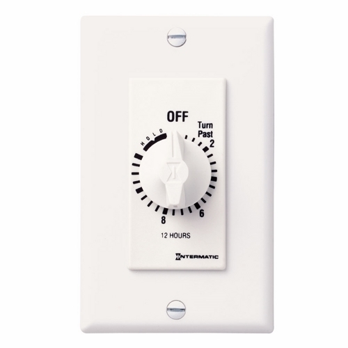 The 12 Hour 125-277 V SPST White w/ Hold For Continuous Duty This Decorator Auto-Off Timer is designed to replace any standard wall switch - single or multi-gang. The energy-efficient mechanical timer does not  require electricity to operate. In addition, it automatically limits the ON times for fans, lighting, motors, heaters, and other energy consuming loads.