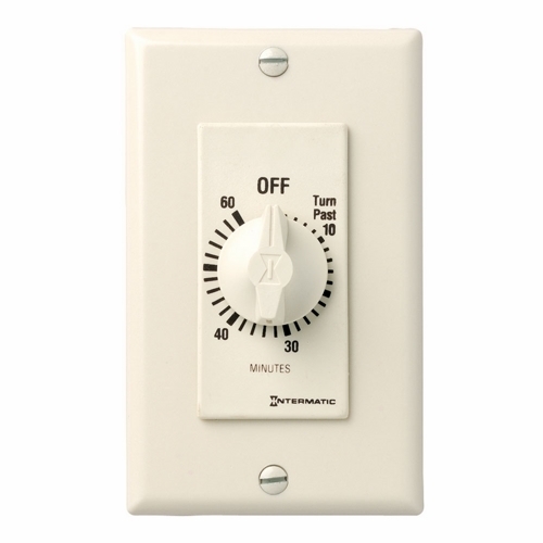 This 60 min almond Decorator Auto-Off Timer is designed to replace any standard wall switch - single or multi-gang. The energy-efficient mechanical timer does not  require electricity to operate. In addition, it automatically limits the ON times  for fans, lighting, motors, heaters, and other energy consuming loads.