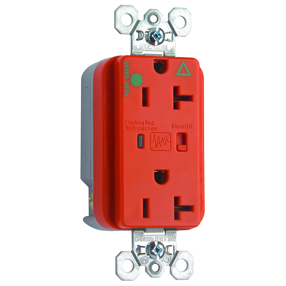 Hospital Grade Isolated Ground Surge Protective Duplex Receptacle offers increased transient protection, reliability and protection notification (Audible Alarm with LED Indicator). Back and, Side Wire, 20amp 125volt, Orange.